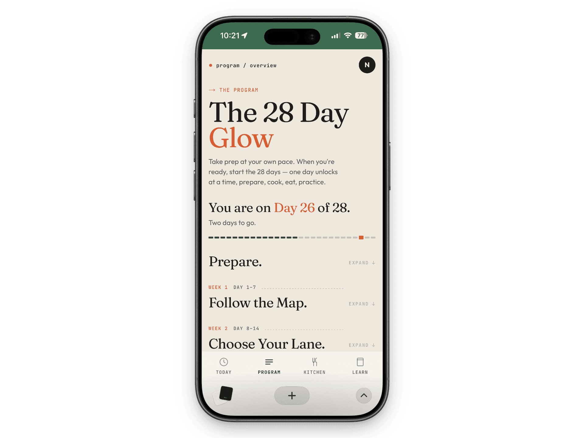 The 28-Day Glow app on a phone