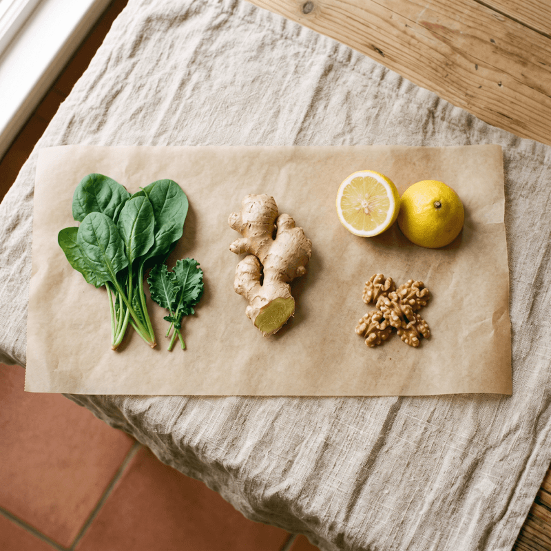 Whole foods laid flat on a table